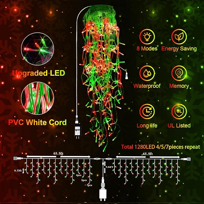 131 FT 1280 LED Christmas Lights Outdoor Decorations Super Long Clear Wire String Lights Plug in 240 Drops 8 Modes Memory Timer Curtain Fairy Lights Waterproof for Holiday Wedding Party-Red and Green
