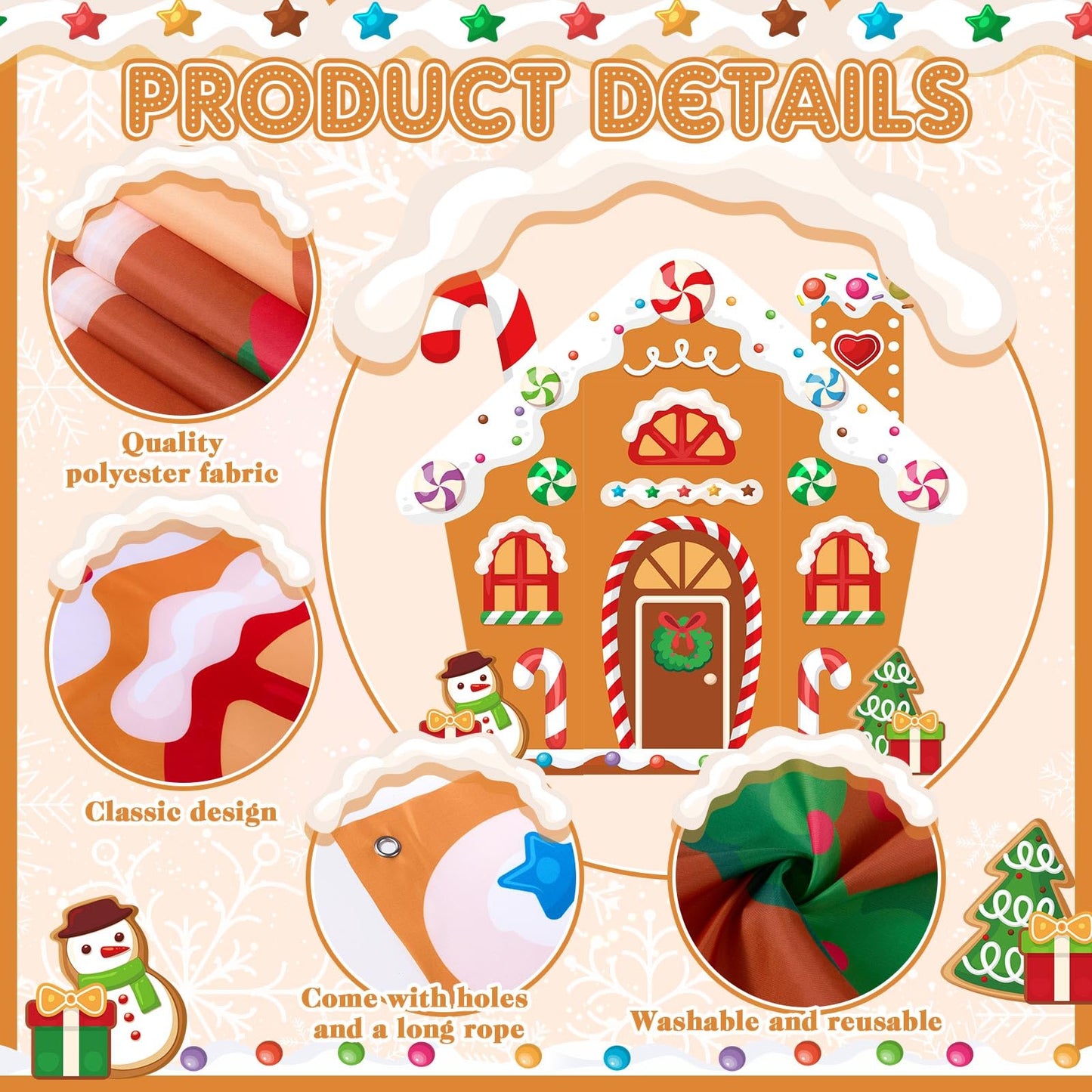 WovWeave 4 Pcs Christmas Gingerbread House Door Decorations Candy Cane Wreath Snowman Christmas Tree Gingerbread House Porch Banners for Holiday Classroom School Office Wall Display(Brown)