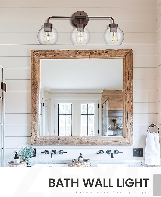zeyu 23" Oil Rubbed Bronze Vanity Light Fixture, 3-Light Farmhouse Bathroom Wall Lights with Clear Glass Globe Shade, ZS62BG-3W ORB