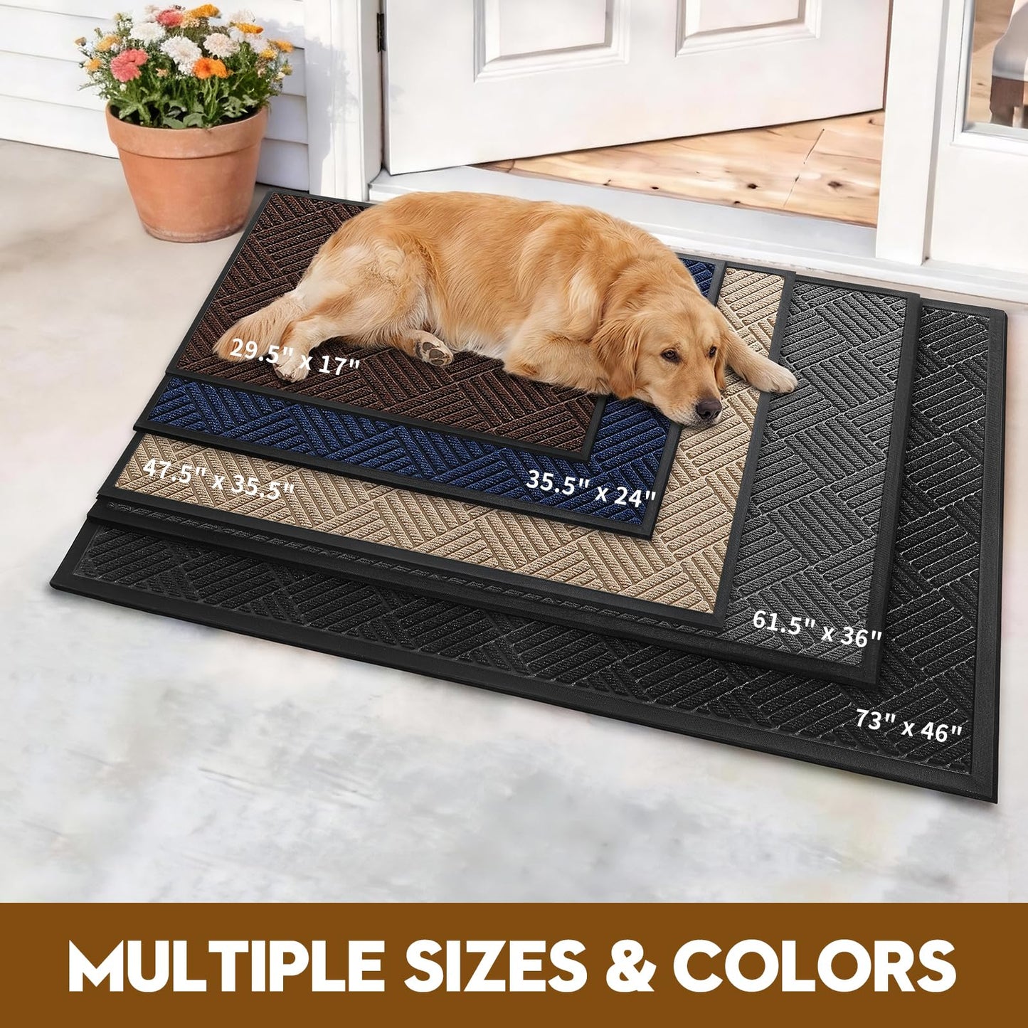 WELDUN Front Door Mat, Heavy Duty Waterproof Rubber Doormat for Indoor Outdoor, Non-Slip Low Profile Dirt Trapper Absorbent Mat for Entryway, Stain Fade Resistant Easy Clean 35.5"x24", Black