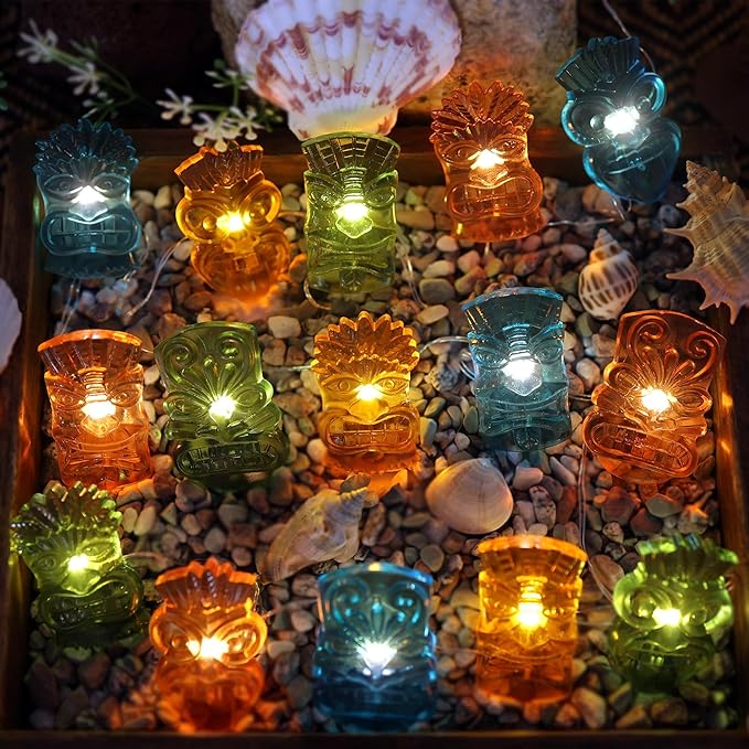 Tiki Mask String Lights Outdoor Waterproof 7FT 20PCS, Tropical Hawaiian Luau Party Lights Battery Operated LED with Remote Control, Patio Garden Porch Yard Pool BBQ Tiki Bar Summer Decorations