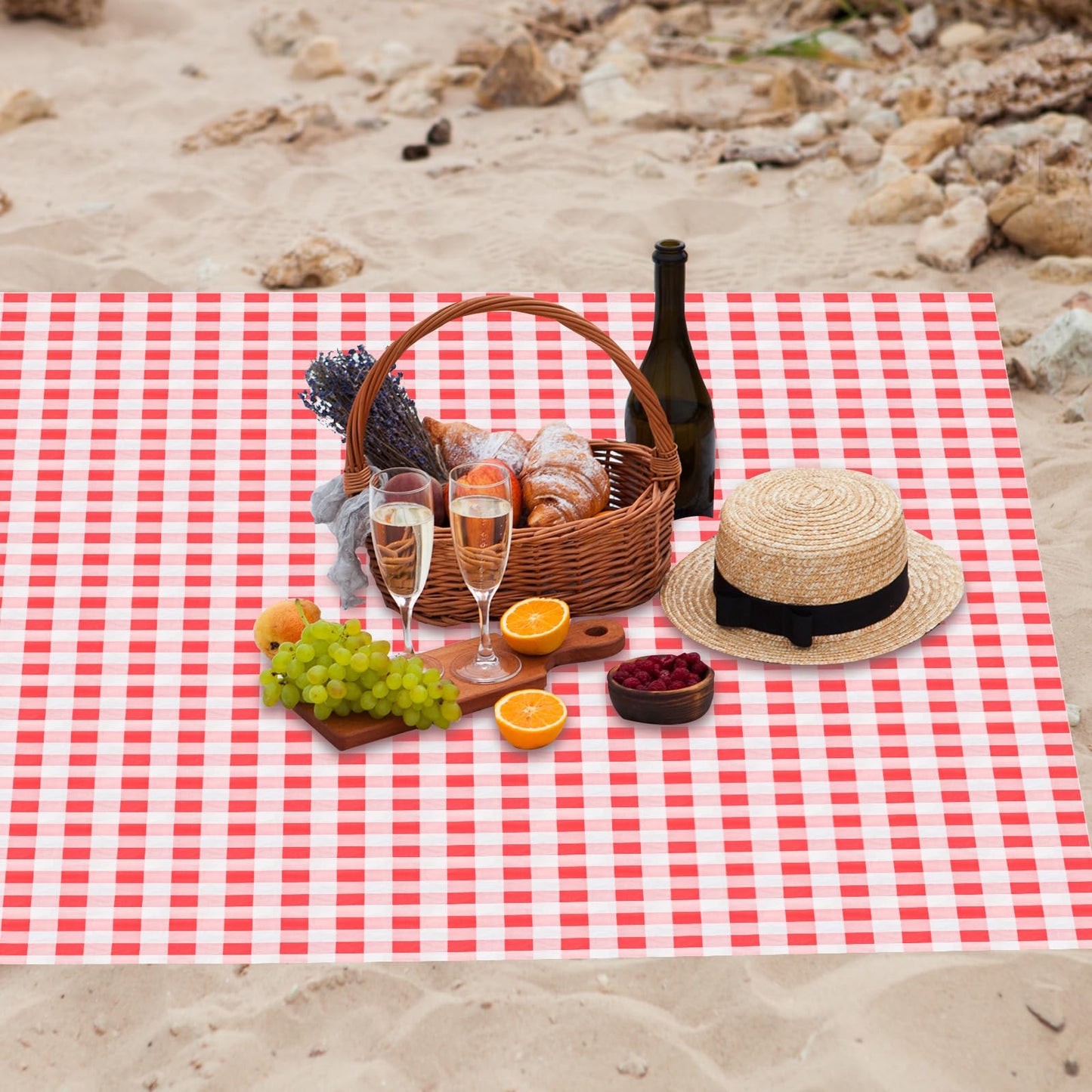 HunnmingRe 6 Pcs Disposable Outdoor Picnic Blankets 71''x71'' Thicken Foldable Waterproof Picnic Mats Bulk Gingham Oil Proof Camping Blankets with 4 Ground Spikes Beach Travel(Red and White)