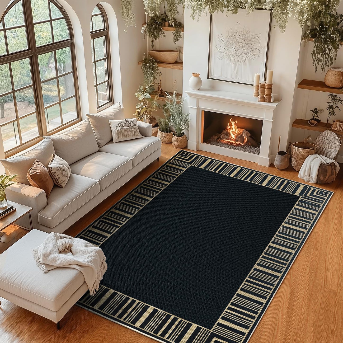 COZYLOOM 8x10 Easy Jute Outdoor Patio Rug Washable Living Room Rug with Rubber Backing, Stain Resistant Neutral Striped Border Rugs Non Shedding Foldable Mats for Bedroom, Dining Room, Backyard, Black