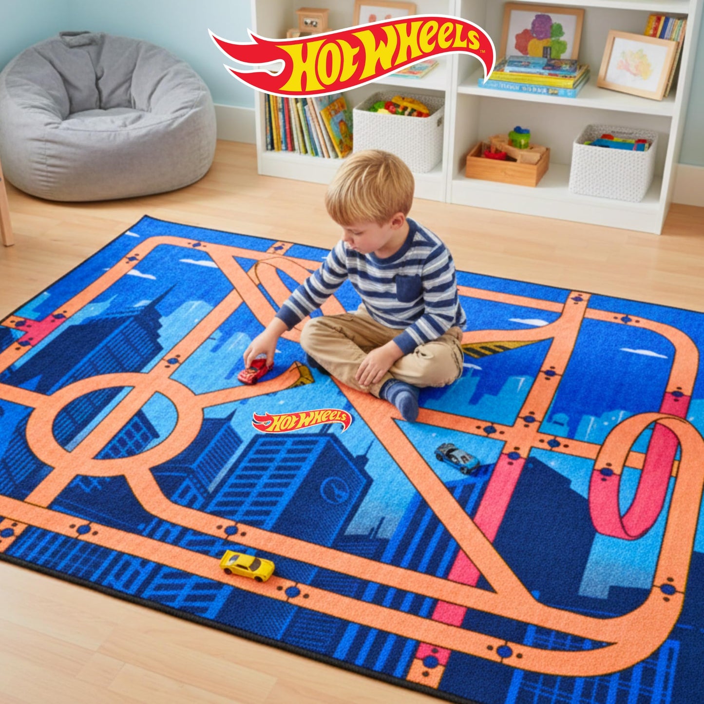 Hot Wheels Interactive Play Area Rug, 69 x 52 Inch Large Kids Race Track Playmat with Non-Slip Backing for Bedroom & Playroom (100% Officially Licensed Product) by Franco