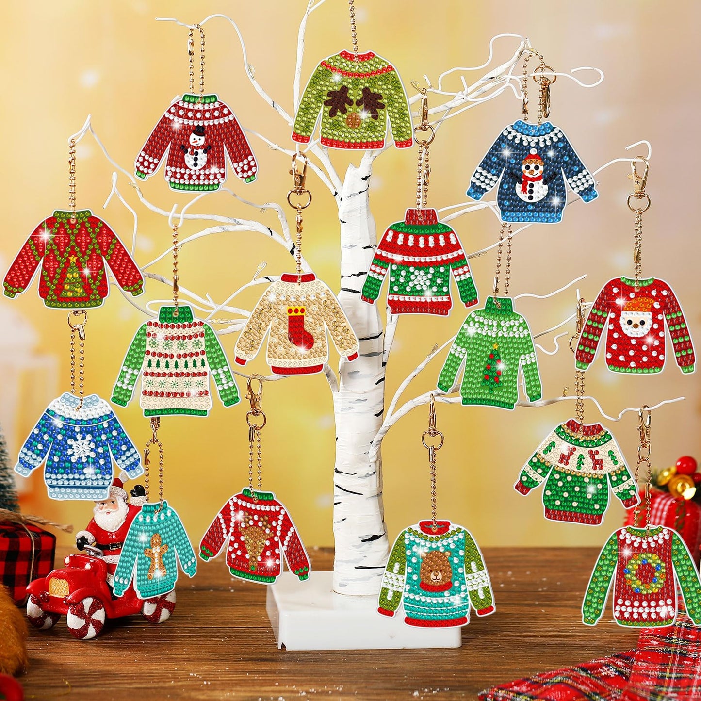 Estune 15 Pcs Christmas Diamond Painting Keychain Kits Christmas in July Party Sweater Theme 5d DIY Diamond Art Kits for Adults Xmas DIY Crafts Hanging Ornaments Home Decor