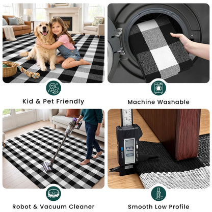KOZYFLY Buffalo Plaid Area Rug 5x8 Living Room Rug Washable Cotton Black and White Checkered Rugs Outdoor Carpet for Dining Room Bedroom Farmhouse Patio Rugs