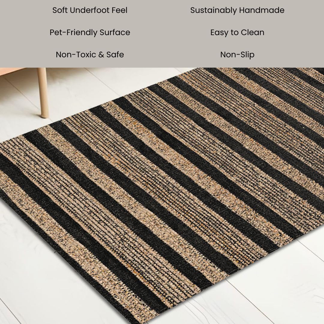 Threadvista Hand Woven Area Rug 3x5 Feet - Rustic Farmhouse Boho Accent Rug for Living Room Bedroom Kitchen Entryway Floor Mats Non Slip - Ideal for High Traffic Areas Jute Cotton Rug Natural Black