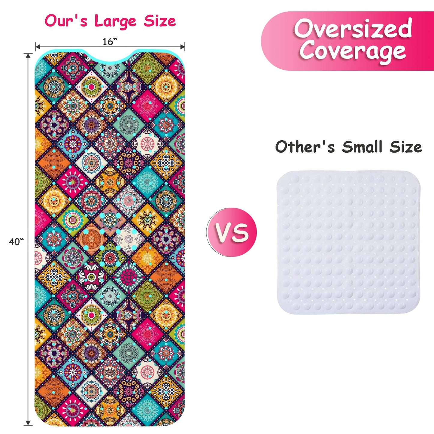 Bathtub Mat Non Slip, Bohemia Extra Long Bath tub Mat Shower Floor Mat with Suction Cups and Drain Holes for Adults Kids Elderly 40 X 16 Inch