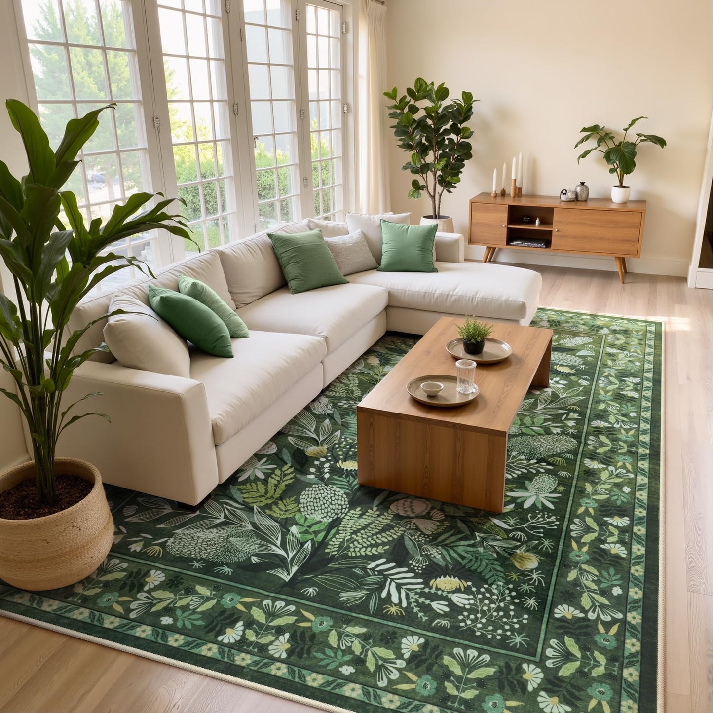 Anidaroel Green Large Area Rugs 8x10, Botanical Floral Washable Rug for Living Room, Soft Rugs for Bedroom Non-Slip Ultra-Thin Modern Rug Dining Room Mat Throw Carpet for Dorm Apartment