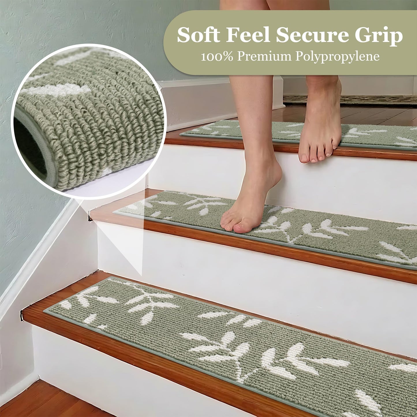 TANVILL Carpet Stair Treads, Non-Slip Stair Treads for Wooden Steps Indoor, 30”x8” Stair Runner for Pets Non Skid Wood Staircase Step Treads Reusable, Set of 15, Green