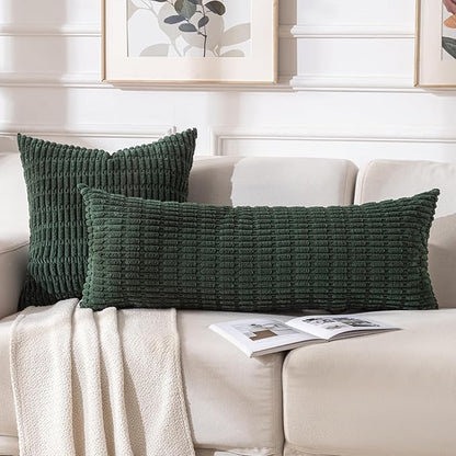 Fancy Homi Dark Green Long Body Lumbar Decorative Throw Pillow Covers 14x36 Inch for Bed Couch Bedroom Bench, Soft Corduroy Rectangle Solid Pillow Case 35x91 cm, Rustic Farmhouse Boho Room Decor