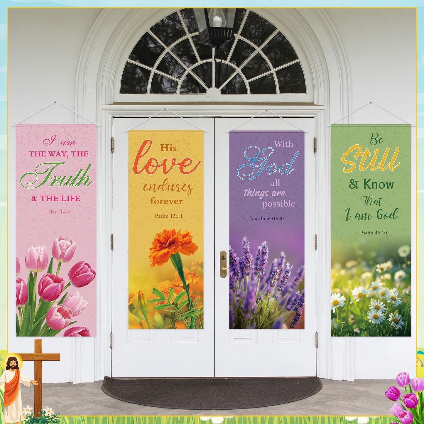 Panelee 4 Pcs Church Banners for Sanctuary Wall Blooming Flower Church Banners with Scripture Inspirational Religious Praise Bible Verses Hanging Backdrop Signs for Sunday School Worship Decoration