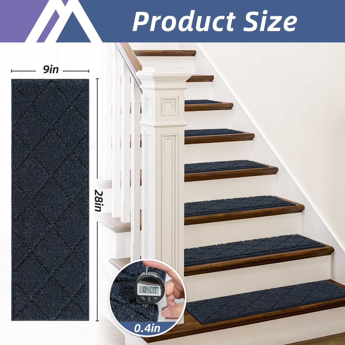 COSY HOMEER Edging Stair Treads Non-Slip Carpet Mat 28inX9in Indoor Stair Runners for Wooden Steps, Edging Stair Rugs for Kids and Dogs, 100% Polyester TPE Backing (4pc, Navy)