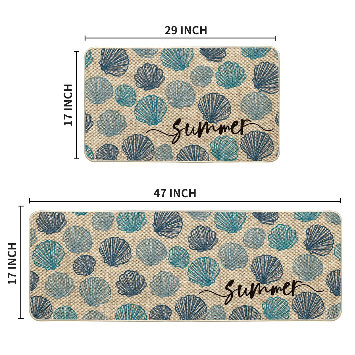 Artoid Mode Blue Shell Conch Summer Kitchen Mats Set of 2, Seasonal Sweet Home Decor Low-Profile Kitchen Rugs for Floor - 17x29 and 17x47 Inch