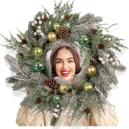 Holiday Christmas Wreath for Front Door, Snow Flocked 22-inch Artificial Winter Wreath with Gold and Green Ornaments, Pinecones and White Berries - Indoor & Outdoor Christmas Decoration