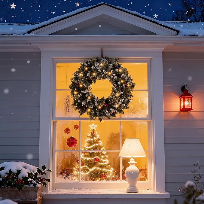 24 Inch Christmas Wreaths for Front Door with Lights,Lighted Artificial Flowering Pine Door Wreath,Prelit Faux Green Winter Wreath with Pine Cones and Red Berry for Indoor Outdoor Decor