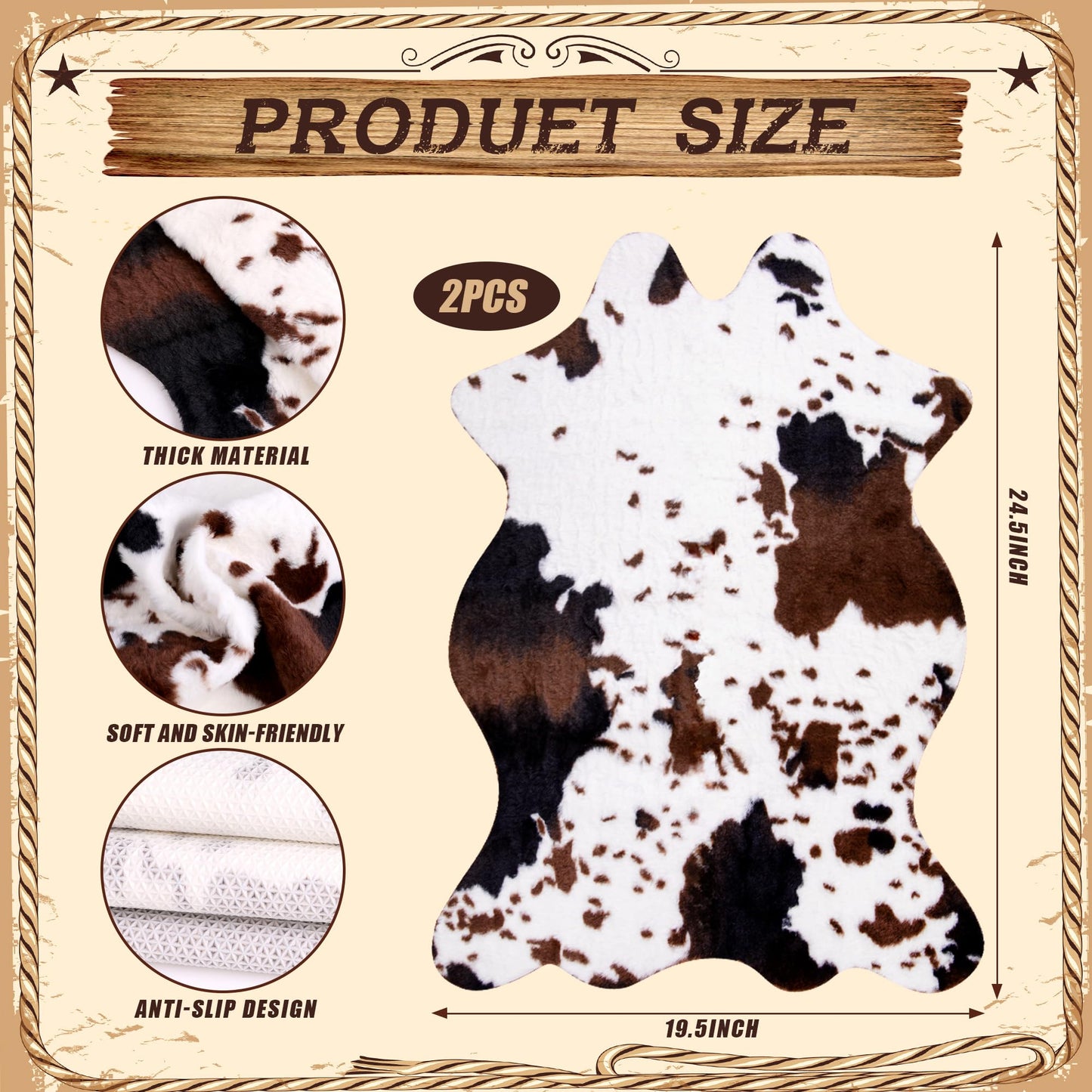 Orchidleaf 2 Pack Mini Faux Cowhide Rug, Mini Rustic Cowhide Rug Cute Rural Western Animal Pattern Decorative Rugs for Table Mat Decoration, Cowboy Parties, 19.6" W x 23.6" L