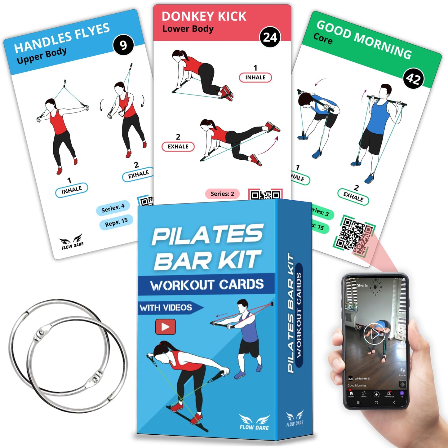 Pilates Bar Kit Workout Cards – 62 Exercise Cards Deck with Videos & Workout Plan - Includes 8-Week Challenge, Chart & 2 Rings for Easy Organization - Home Exercise Bar Guide for Women & Men