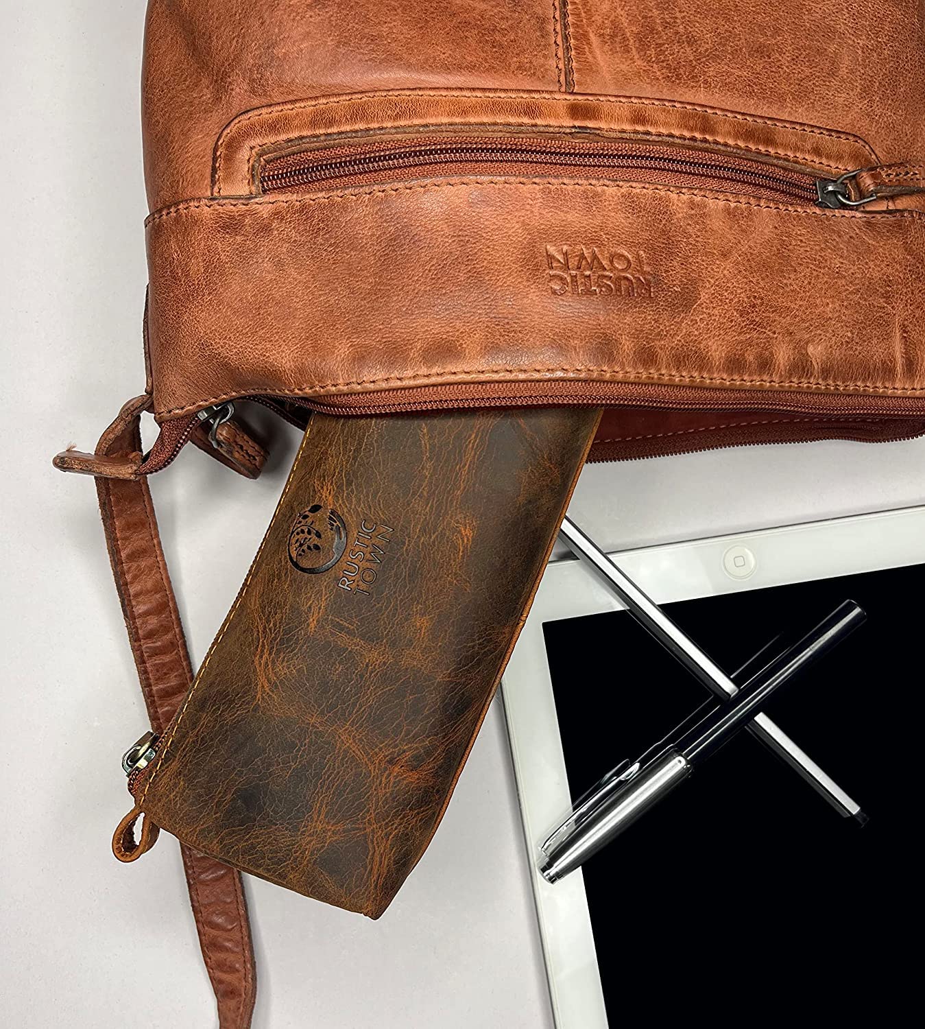 Rustic Town Leather Pencil Case - Vintage Zippered Pencil Pouch & Pen Case for Adults, Artists, Writers - Gift for Men & Women