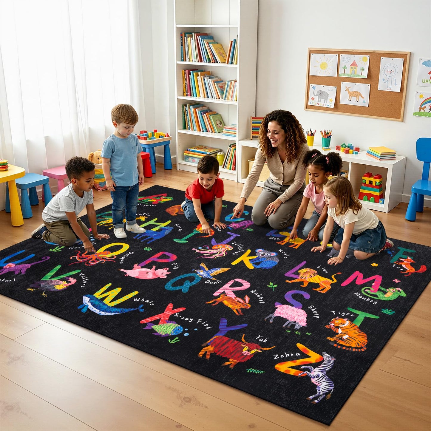 Rogara 3x5 ABC Classroom Rug for Kids Playroom, Alphabet Rug with 26 Animals, Non-Slip Washable Kids Carpet, Educational Preschool Play Mat for Daycare, Nursery, Toddler Bedroom