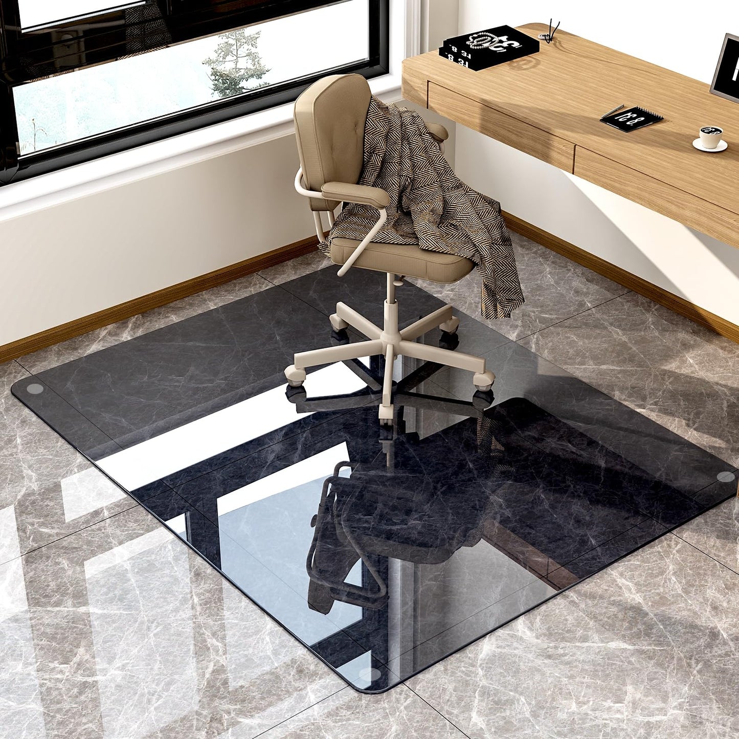 GLSLAND 46" × 55" [Tempered Glass] Chair Mat – Durable Office Chair Mat on Carpet with 0.2" Thickness, 4 Non‑Slip Pads, Sleek & Sturdy Matte Gray Finish, Smooth Glide & Easy Clean, Blue & Grey