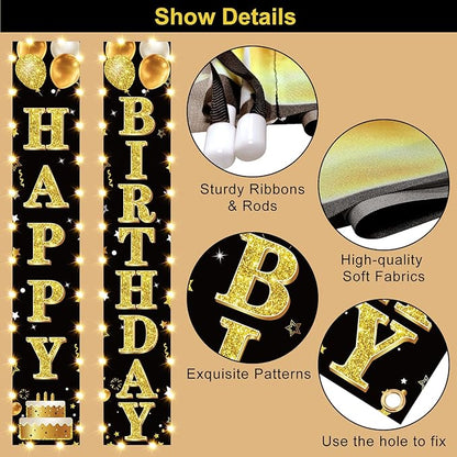 Birthday Lighted Banner Decorations for Men Women - Black Gold Happy Birthday Porch Sign with LED Light Party Supplies, 16th 21st 30th 40th 50th 60th 70th 80th 90th Bday for Indoor Outdoor