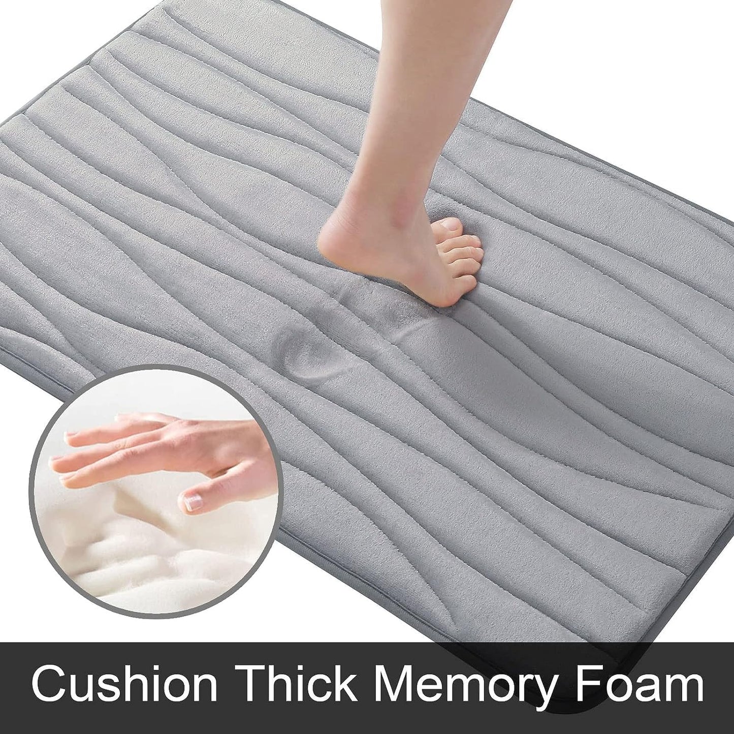 santanu Luxury Flannel Memory Foam Bathroom Rugs Sets 2 Piece - 32x20 Bath Mat + 24x20 U-Shape Contour Rug, Water Absorption Soft Non Slip Thick Absorbent Washable Dry Fast (Wave Light Grey)
