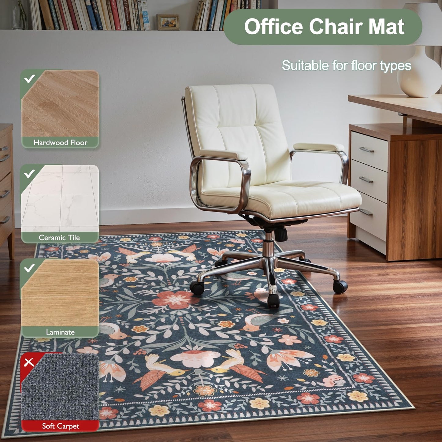 Anidaroel 48"x60" Office Chair Mat for Hardwood Floor/Tile, Black Floor Mat for Office Chairs, Anti-Slip Floral Under Desk Rug for Rolling Chairs, Bird Bug Low Pile Desk Chair Mats for Hardwood