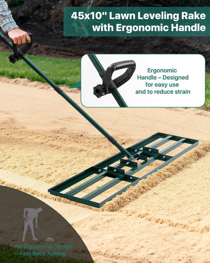 JivaJot Lawn Leveling Rake 45x10'', Yard Leveling Rake for Soil with Adjustable Handle, Stainless Steel Lawn Leveler Tool for Garden, Backyard, Farm, Golf Course