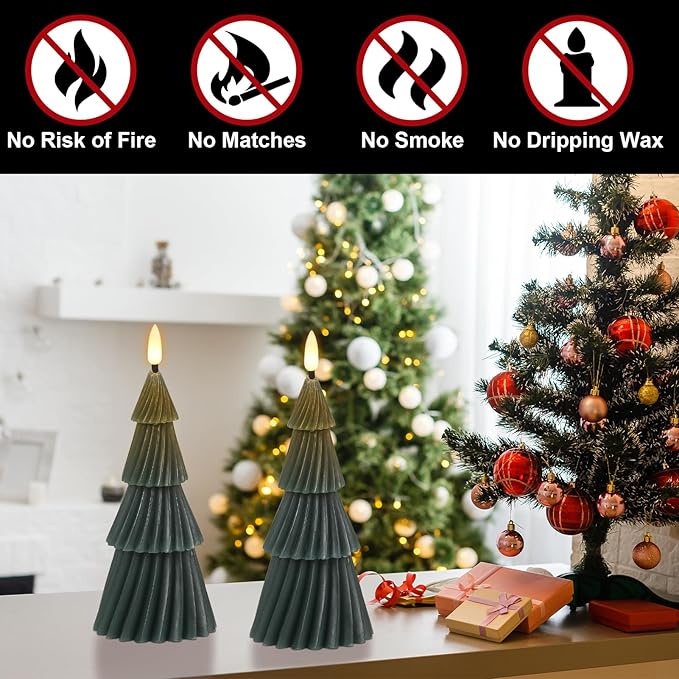 Christmas Tree Spiral Skirt-Shaped Flameless Candles with 6H Timer, 2 Pcs Battery Operated LED Pillar Candle with Flickering 3D Wick, Green Candles for Home Décor