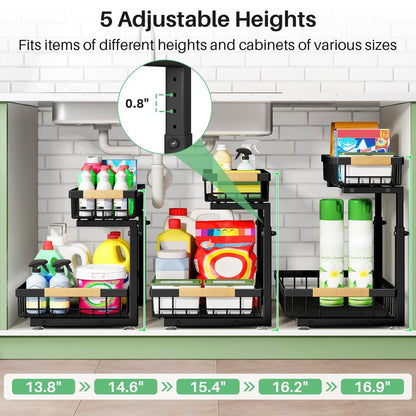 Kitstorack Under Sink Organizer, 2 Tier Under the Sink Storage, Slide out Pull out Cabinet Organizer Shelf, Metal Sliding Drawer for Kitchen Bathroom Pantry Closet Organization Rack, Black, 2 Pack