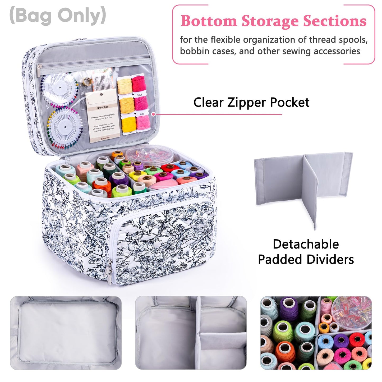 AMOIGEE Double-Layer Sewing Organizer Storage Bag with 2 Detachable Pouches, Large Quilted Sewing Basket for Supplies & Tools, Portable Travel Sewing Kit Case, Gift for Mom(BAG ONLY)