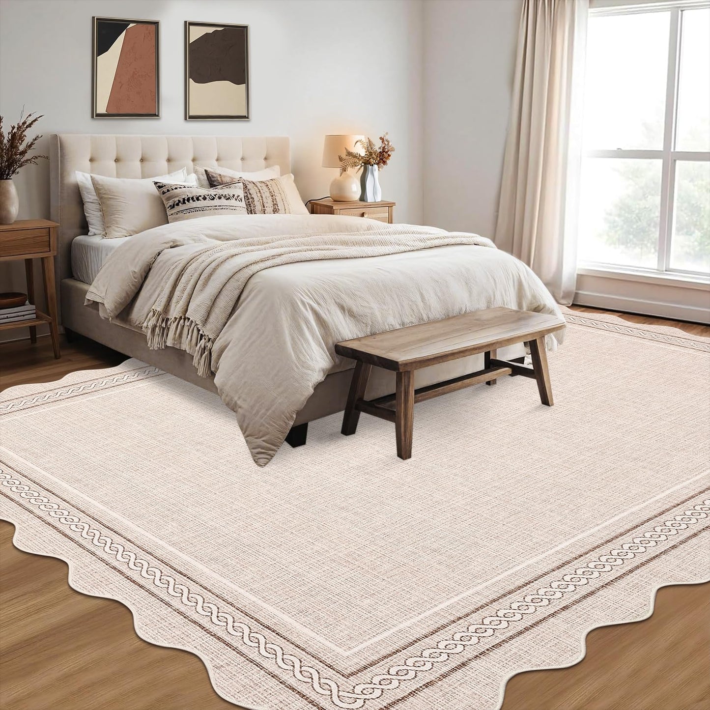 Garvee Scalloped Washable Rugs 10x14 Rug for Living Room Bedroom Rug Modern Large Area Rug Non Slip Throw Rugs Soft Low Pile Stain Resistant Carpet for Dorm Dining Room Dorm, 10'x14' Beige