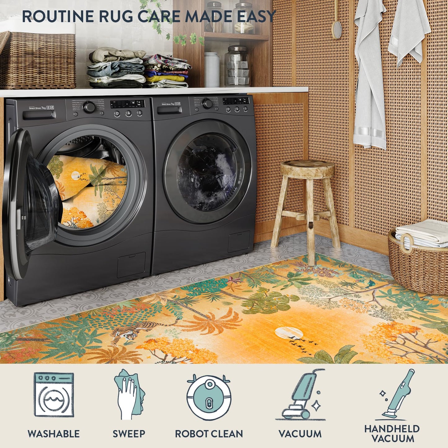 Lahome Jovence Fall Jungle 5x7 Autumn Rug for Living Room Bedroom Machine Washable Carpet, Soft Sunset Kids Rugs for Playroom, Forest Rug Non Slip Non Shedding Orange Indoor Carpet for Nursery Office
