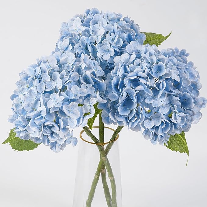 BonBloom's 3 Pcs Blue Faux Hydrangea Flowers 21 inches Hydrangea Artificial Flowers Latex Real Touch Flowers for Wedding Centerpieces Home Party Table Garden Outdoor Decoration