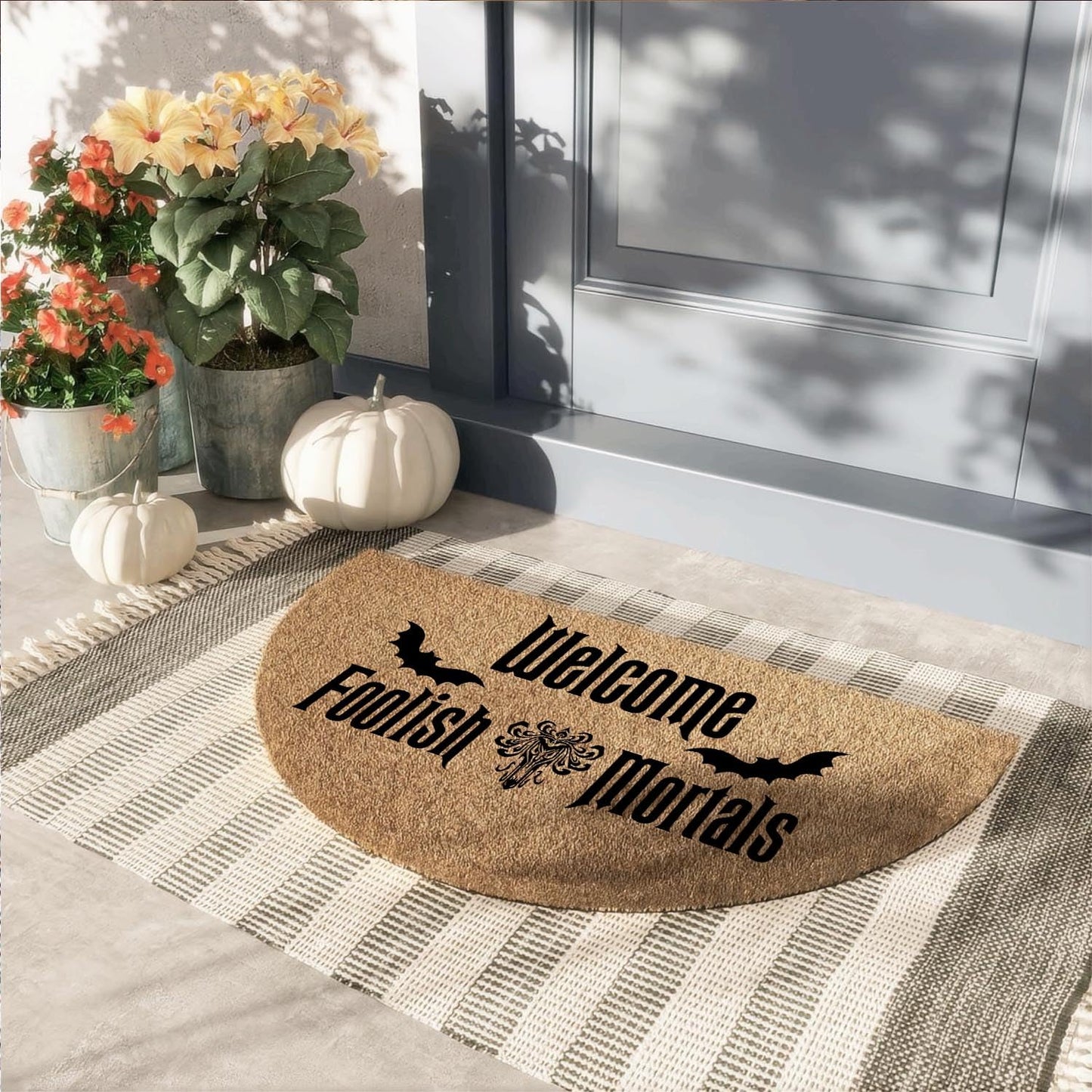 Funny Half Round Door Mat Front Door Mat Entryway Outdoor Mat with Heavy Duty Front Porch Welcome Mats Entry Brown Mat 29.5 x 17 inch (Welcome Foolish Mortals)