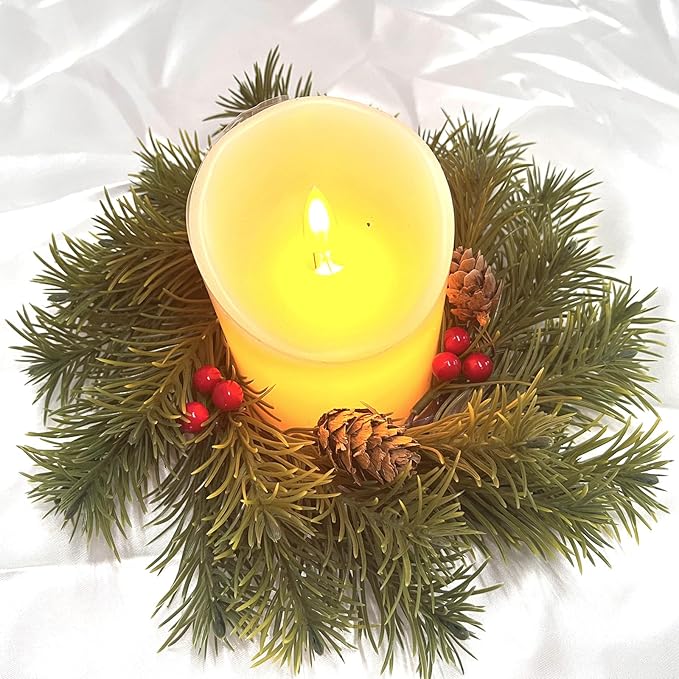 4 Pcs 9'' Christmas Candle Rings Wreaths, Artificial Small Wreath with Red Berry Pinecone for Table top Centerpiece Candle Holder