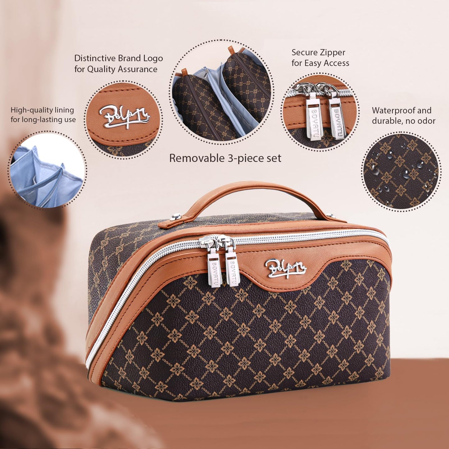 BOYATU Travel Makeup Bag Cosmetic Bags for Women: 3 Pcs Set Large Portable Make up Bag with Handle - Vegan Leather Toiletry Bags with Compartments - Makeup Organizer for Travel Essentials(A-1-Coffee)