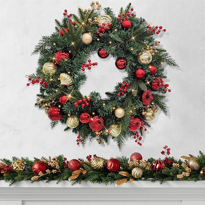 Christmas Lighted Wreath for Front Door, 28 Inches Pre-Lit 35 LED Lights, Red and Golden Artificial Holiday Wreath with Berries for Indoor Outdoor Home Decorations