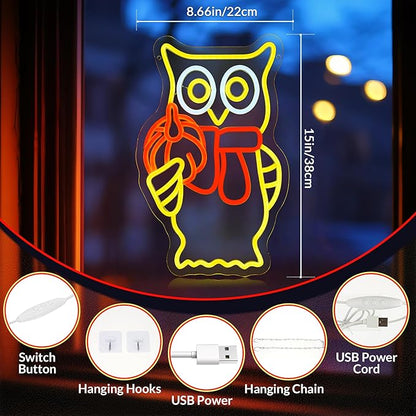 Hanna Roberts Owl Pumpkin Halloween Neon Sign for Window decor and Wall Decor, Brightness adjustable Pumpkin Led Light Up Signs for Children's Room, Bedroom, Bar,15"x8.66"
