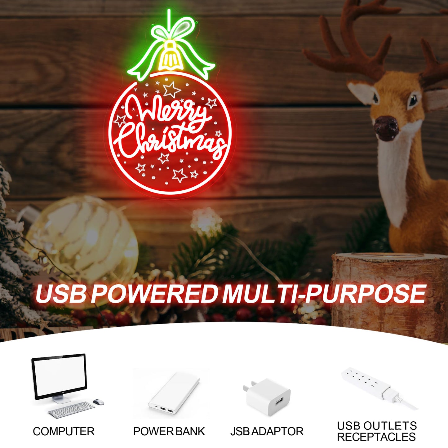 Red Christmas Ball Ornament with Green Bowknot, LED Light-Up "Merry Christmas" Lettering, Engraved Star Patterns, USB-Powered with 5 Brightness Levels, Festive Hanging Decoration 17.7″×12.2″