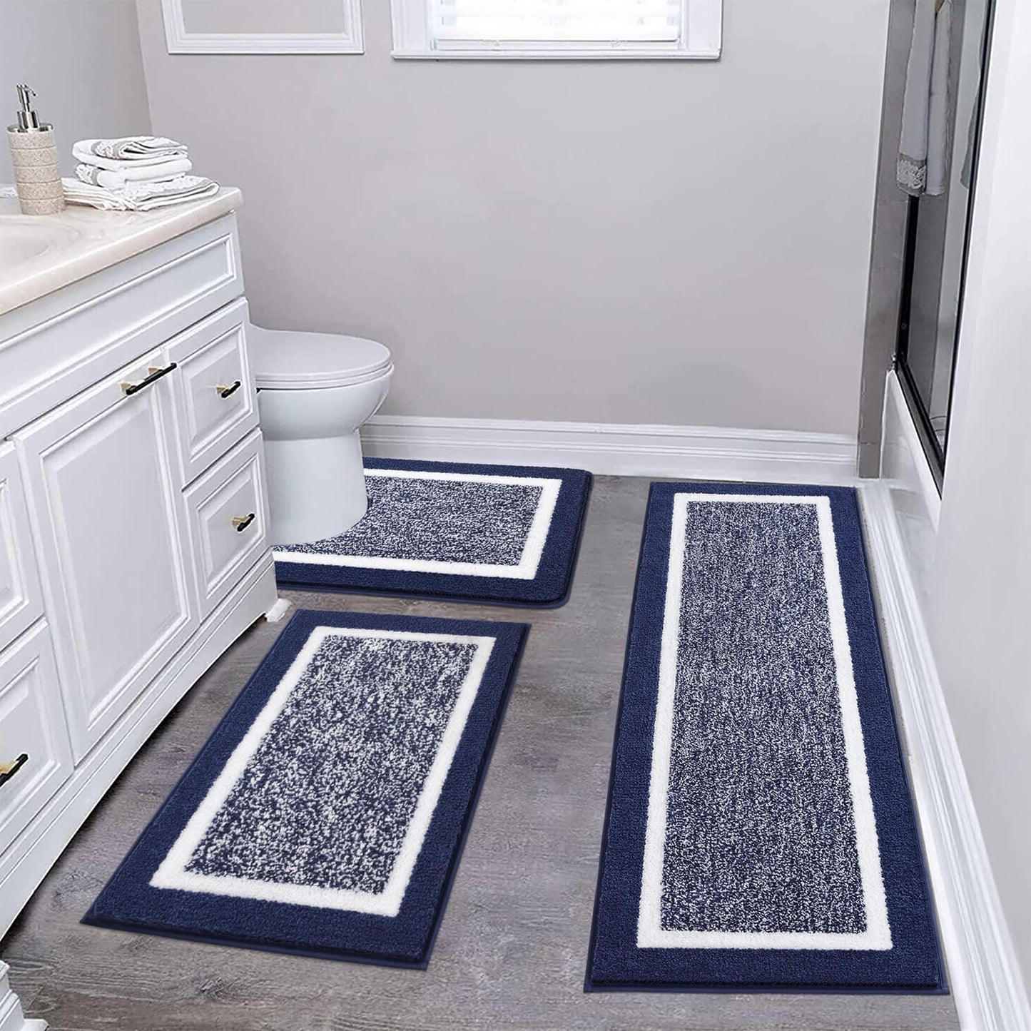 Pauwer 3 Piece Bath Mat Set, Non-Slip Plush Rugs, Absorbent Shaggy Set With U-Shaped Contour Toilet Mat for Bathroom, Bedroom, Living Room, Navy