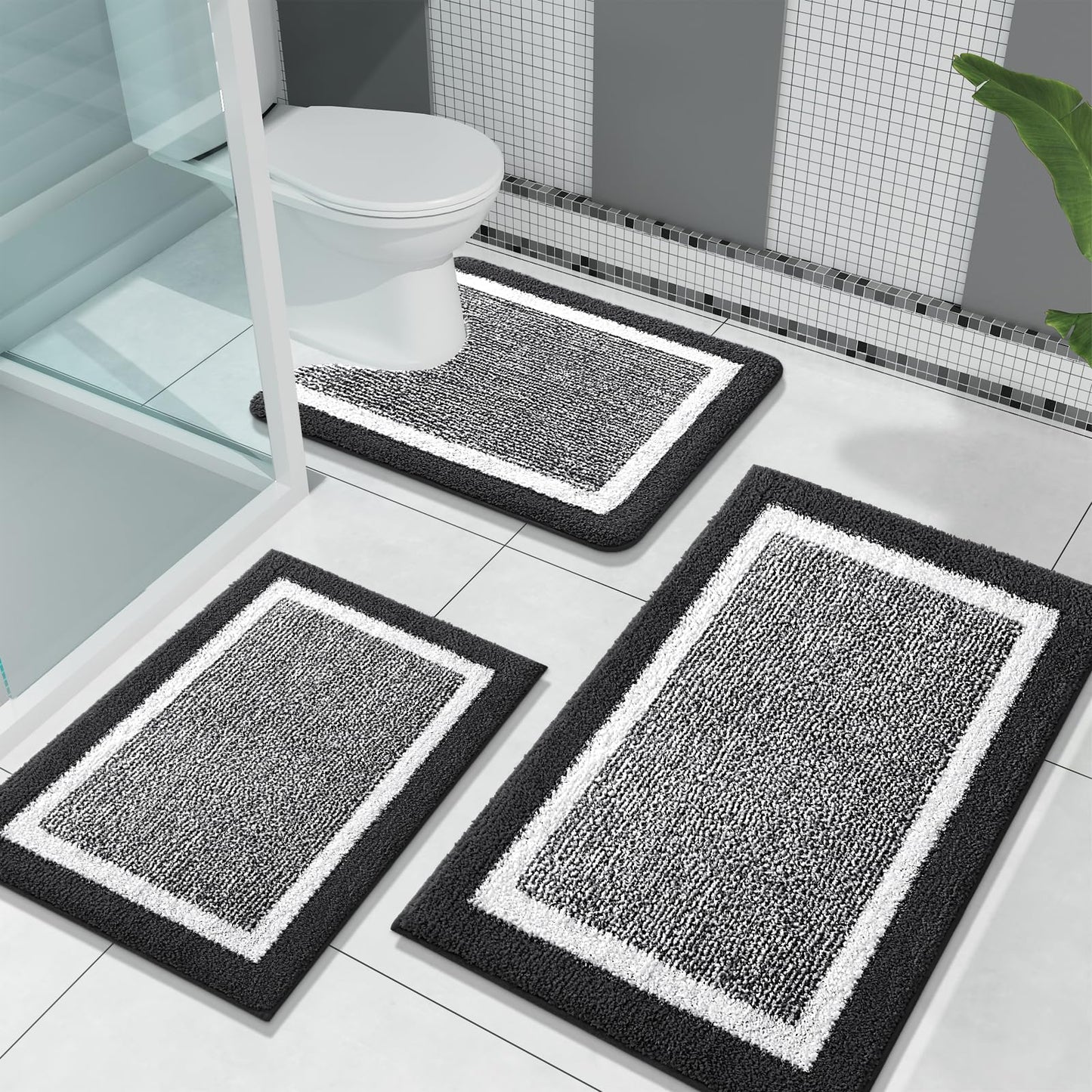 OLANLY Bathroom Rugs Sets 3 Piece, Soft Absorbent Microfiber Bath Mats and U-Shaped Contour Toilet Rug, Non-Slip, Home Decor Accessories, Bath Mat Set for Bathroom (30"x20"+24"x16"+24"x20", Black)