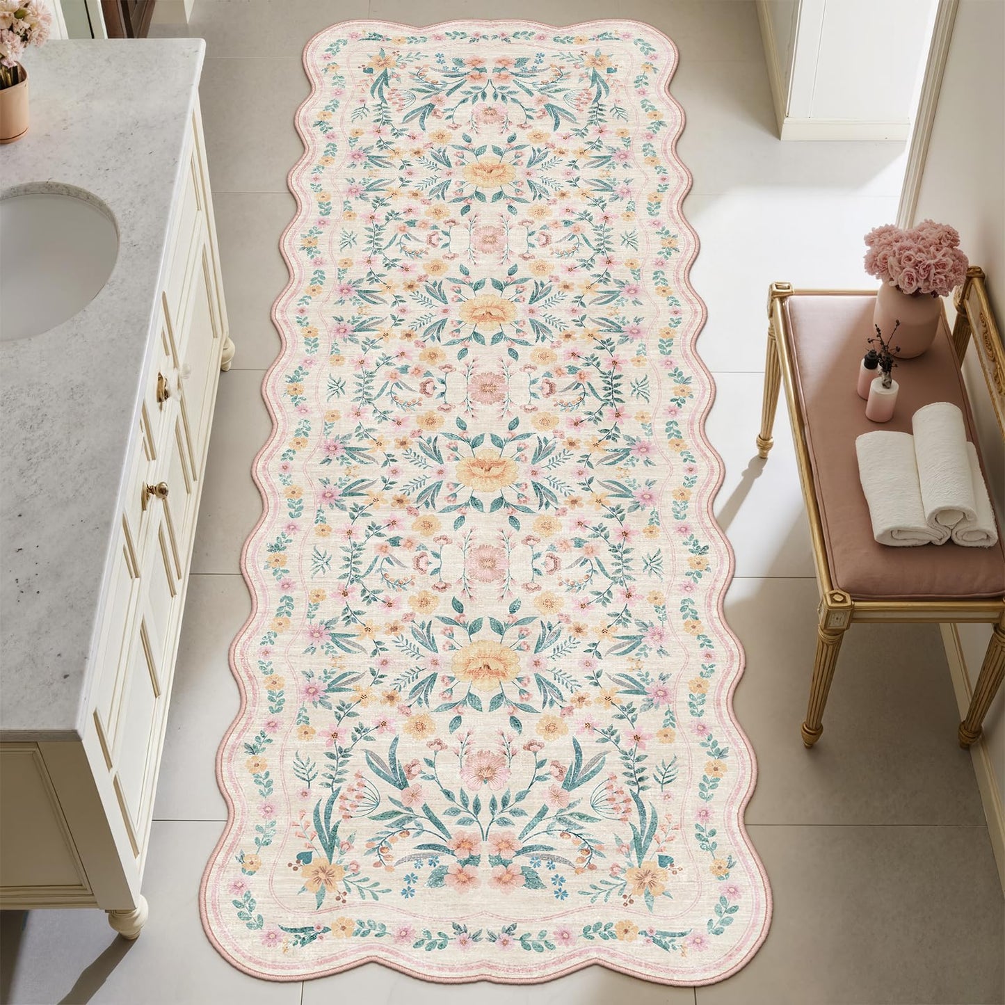 Dadasgk Scalloped Floral Runner Rug 2x6, Pink Washable Non-Slip Boho Hallway Rug, Soft Cute Carpet Runner for Kitchen, Bathroom, Laundry, Entryway or Bedroom