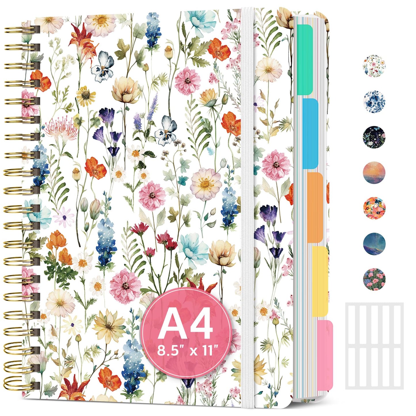 Large Spiral Lined Notebooks for Work with Removable Dividers & Tabs, 8.5"x11" Pretty Hardcover 5 Subject Notebook Journal for Women, College Ruled, Perfect for Study & Office Organization, 280 Pages,Wildflowers