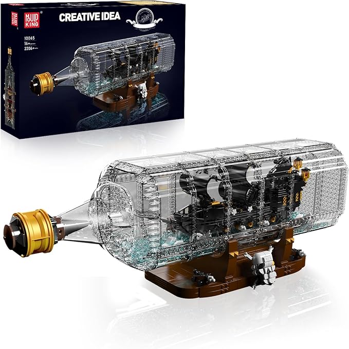 Mould King 10065 Drift Bottle with Black Pearl Ship Building Blocks Set Pirate Ship in Bottle Model Building Kit with Display Stand Toy for Age 14+/Adults(2206 Pieces)-Black Pearl Ship
