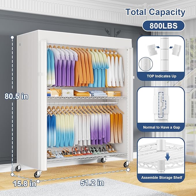 ULIFHOME P8C Max Heavy Duty Clothes Rack（With Extended Width Design） Rolling Clothing Racks for Hanging Clothes with Lockable Wheels，51.2"W x 15.8"D x 80.5"H，Load 800LBS，White Rack with White Cover