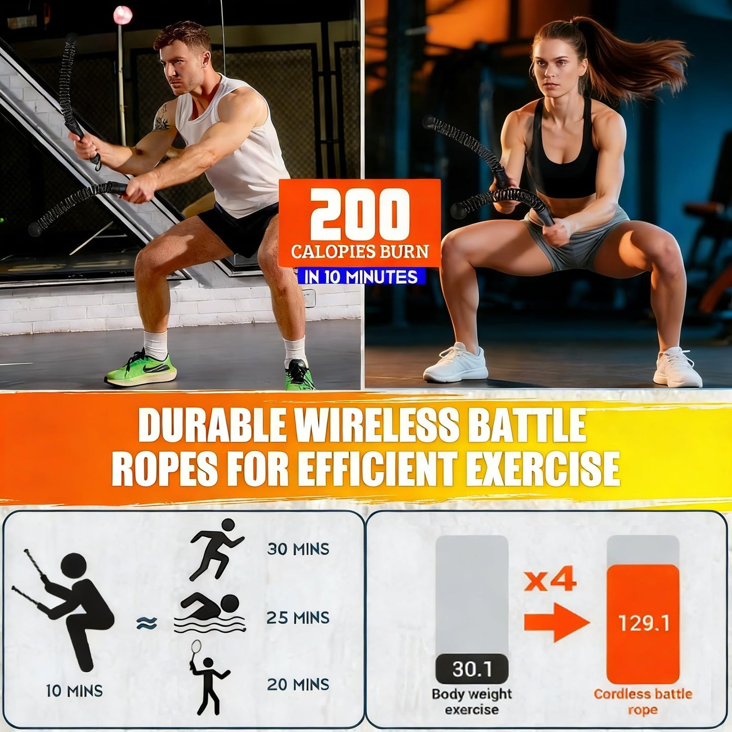Upgrade Weighted Ropeless Battle Ropes, Workout Exercise Rope for Strength Building, Heavy Duty Quiet Portable Cordless Battle Ropes for Home & Gym, HIIT Aerobic Training for Men & Women Black