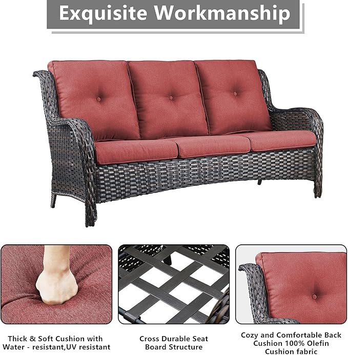 Rilyson Wicker Patio Furniture Set - 7 Piece Rattan Outdoor Sectional Conversation Sets with 2 Rocking Swivel Chairs,2 Ottomans,1 Sofa,1 Loveseat and 1 Coffee Table for Porch Deck Garden(Brown/Red)