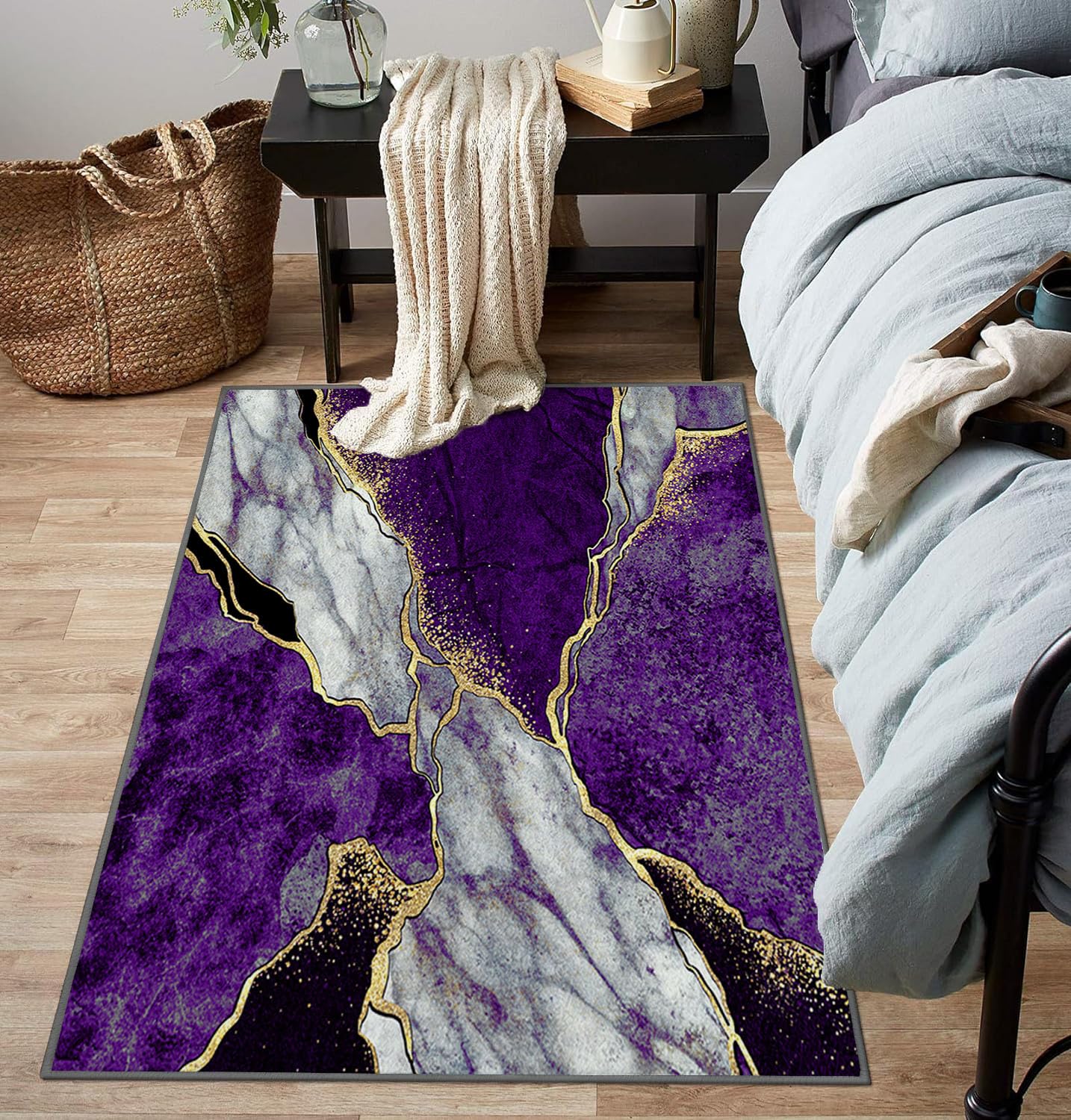 Azppsad Abstract Area Rug, Purple Gray Marble and Golden Pattern, Machine Washable Modern Non-Slip Rug, Home Decor Floor Carpet for Classroom Laundry Bedroom Living Room, 5' x 7'